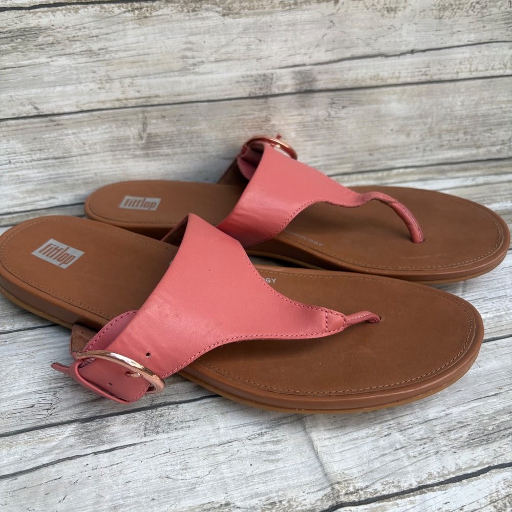 FitFlop Gracie Leather Toe Post Sandals Size 10 Coral Pink Buckle Comfort Beach